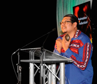 Cory Generoux of the National Film Board accepts the Animation award for Wild Life