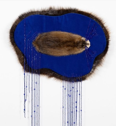 Marcy Friesen, Muskrat Tears, 2020, velveteen, glass beads, plastic seed beads, bugle beads, muskrat and beaver pelt