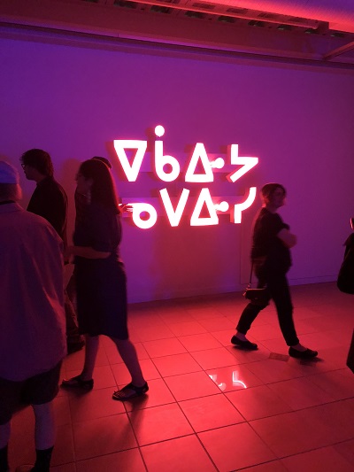 SKArts - Joi Arcand, ēkawiya nepēwisi, 2019, neon, at the exhibition, she used to want to be a ballerina, at the College Art Gallery in Saskatoon in 2019.