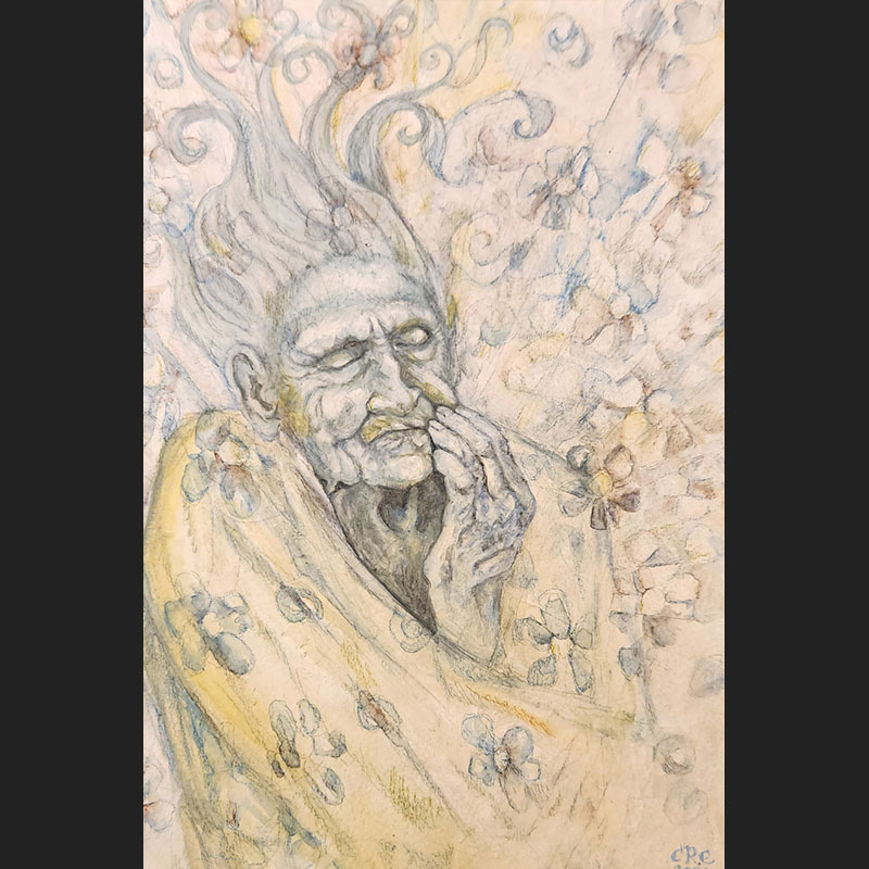 Painting titled 'It's Always Spring in My Heart' by Chrystene Ells shows an old woman with hair like vapour. She has one hand touching her face and is wrapped in a blanket. The painting has flowers all over and is made on a cream background and painted with a light-blue paint.