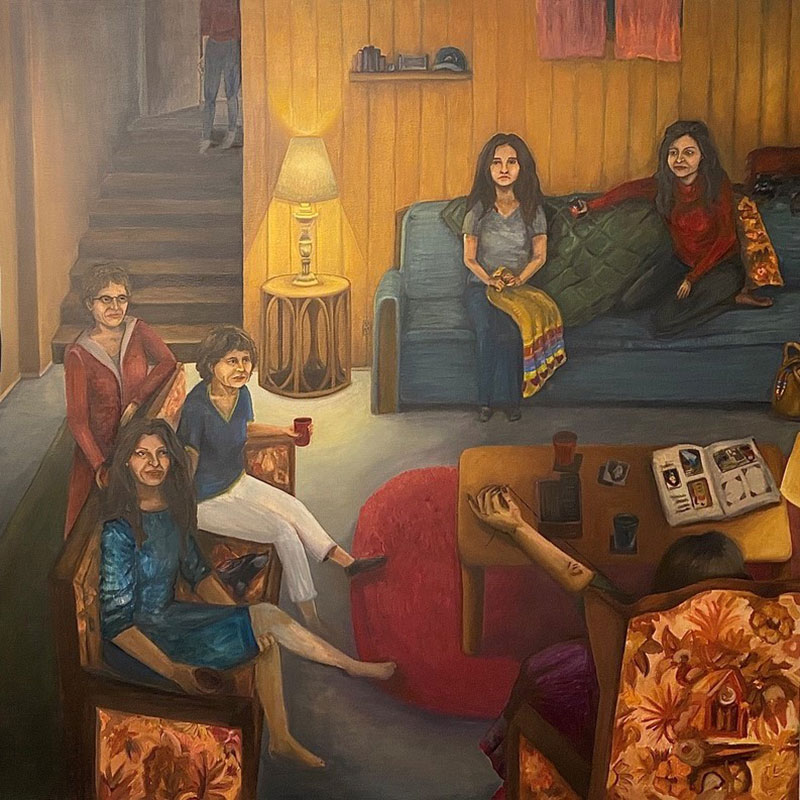 Holly Aubichon - The painting shows six women sitting in a living room. The women appear to be listening to one woman with her arms outstretched.