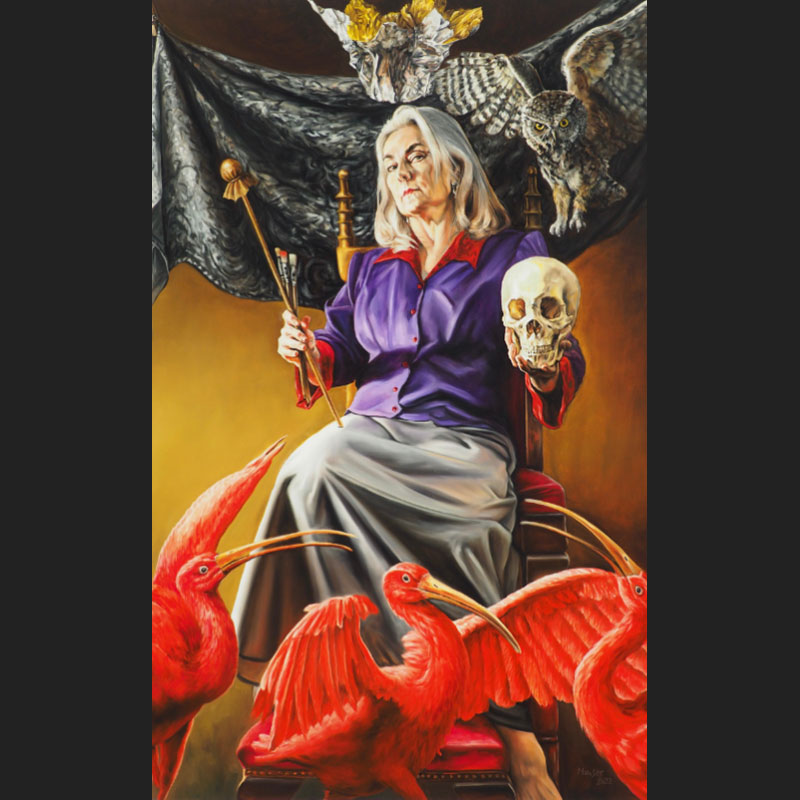 Iris Hauser - Painting of woman on a thrown with a want and skull in her hand