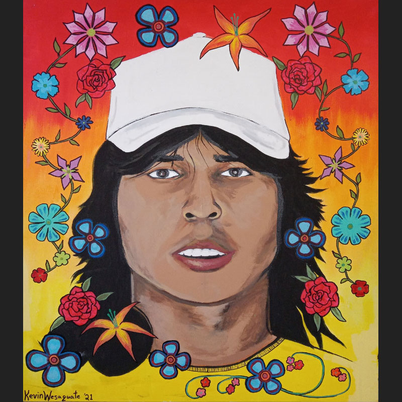 Kevin Wesaquate - Colourful portrait painting of a man in a white cap with flowers floating all around his head
