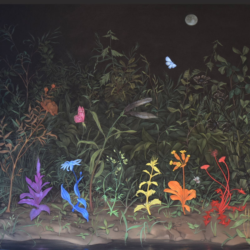 Zachari Logan - Photo of colorful flowers in a ditch, Pride Blooms a Ditch, from Eunuch Tapestries Series. Collection of the Nerman Museum of Contemporary Art, Overland Park, Kansas.