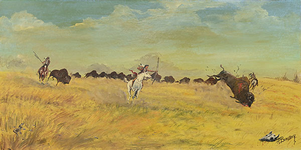 Henry Beaudry - The Buffalo Hunt with discoloured varnish