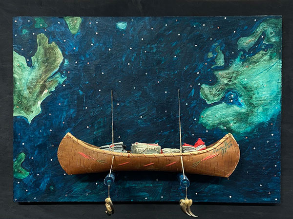 Indigenous Canadian Artist Sheila Orr - Artwork titled Returning Tainted Gifts, 1999 - A mixed media artwork showing a canoe stacked with blankets attached to painting of the sea